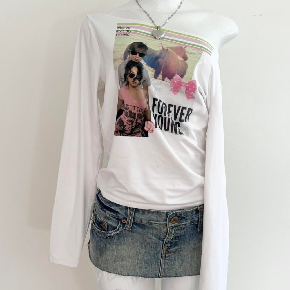 white forever young collage off shoulder long sleeve designed by me